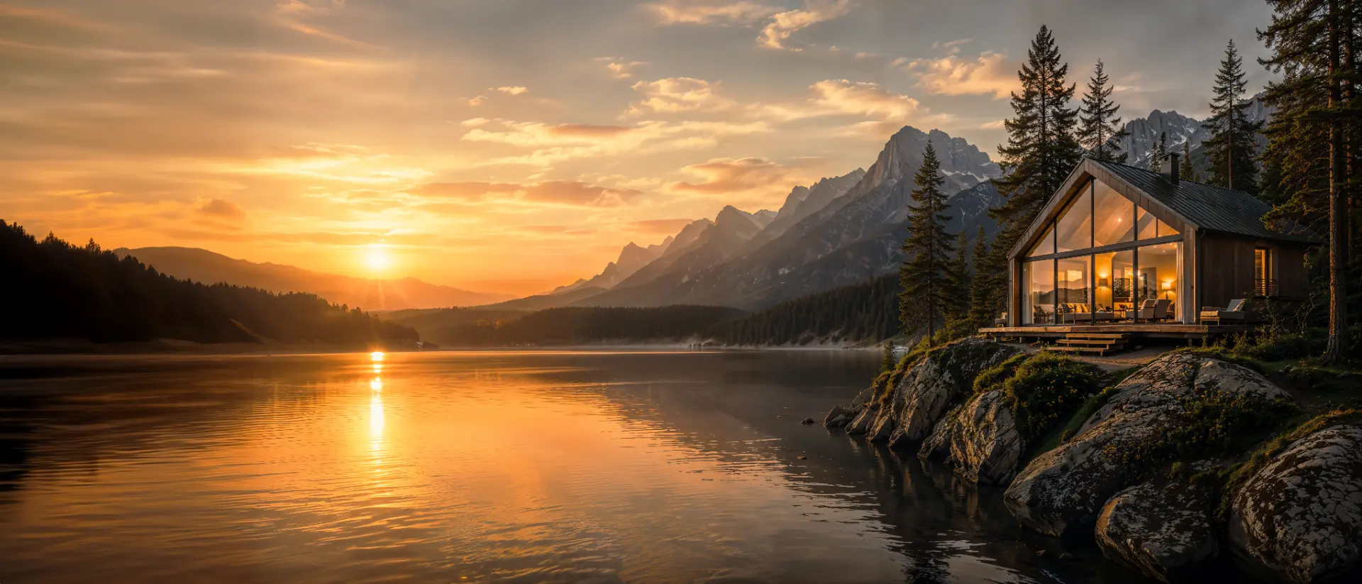 Modern A-frame lodging cabin glowing at sunset on a rocky lake shore with snow-capped mountains - cinematic visualisation for a lodging project launch