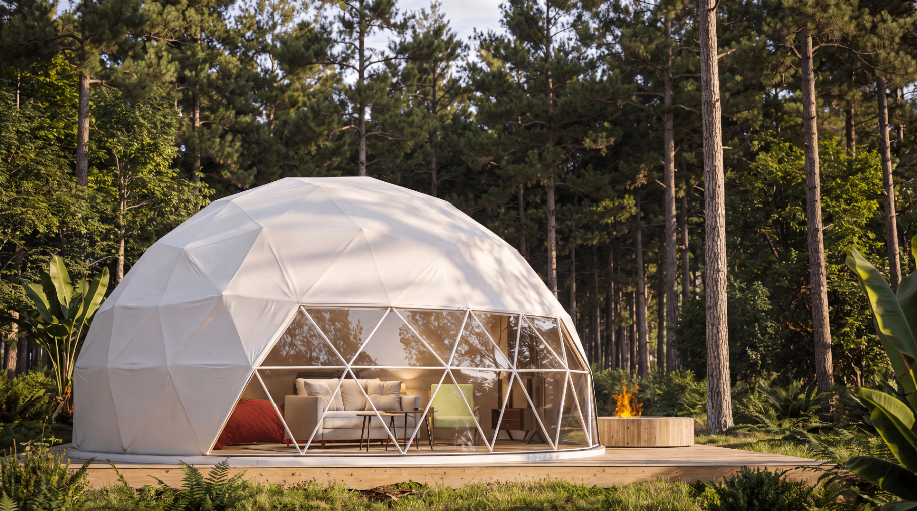 Photorealistic render of a geodesic glamping dome nested in a pine forest at golden hour