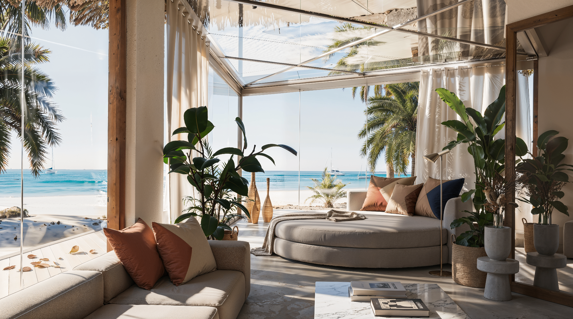 Photorealistic pre-construction render of a glass-walled beachfront lounge with ocean view, palm trees and boutique furnishings, used as visual proof for a glamping resort crowdfunding campaign