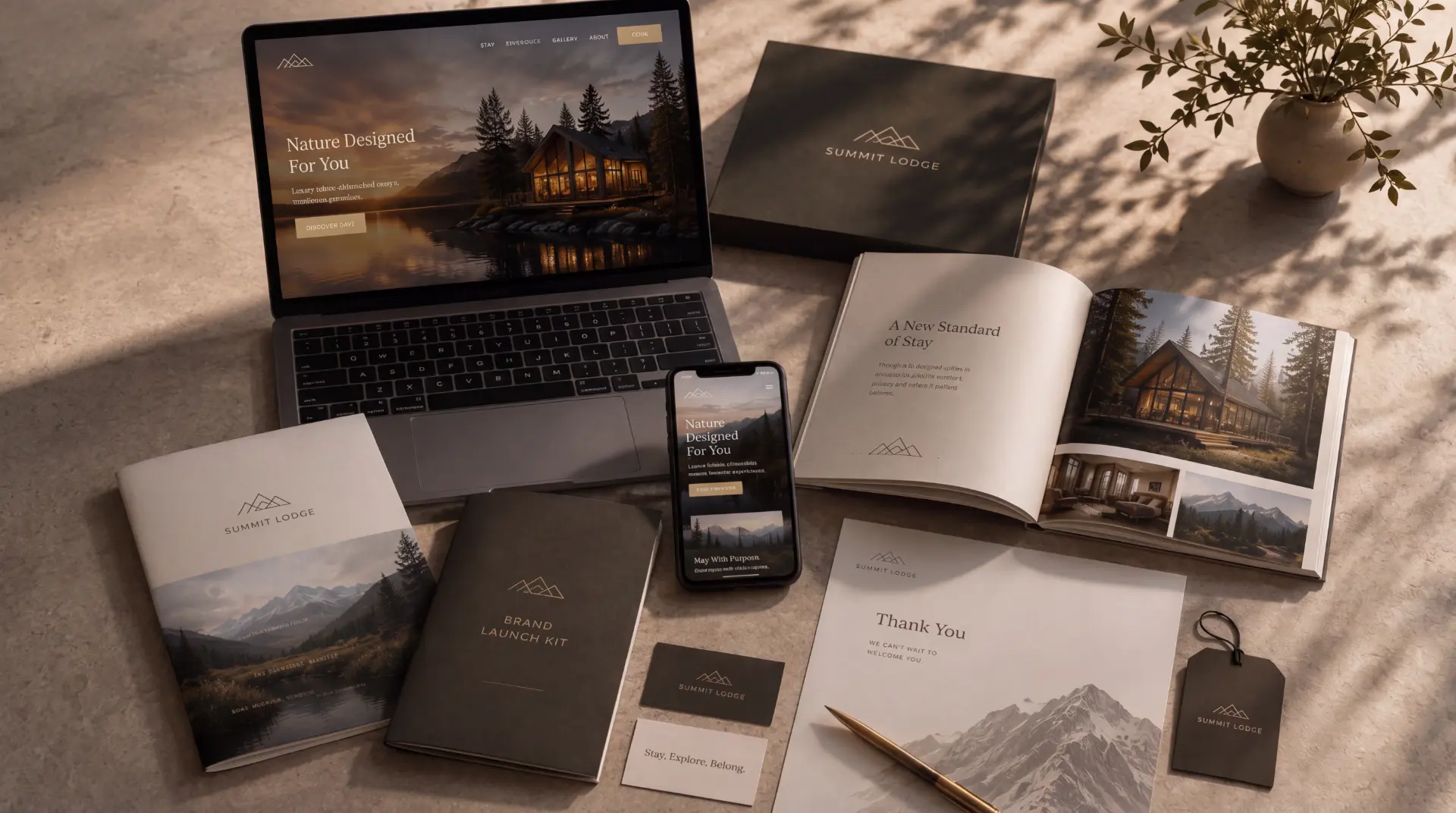 Lodging brand launch kit flat-lay showing campaign landing page on laptop and phone, printed brochures, business cards and brand stationery - campaign and launch materials for a hospitality project