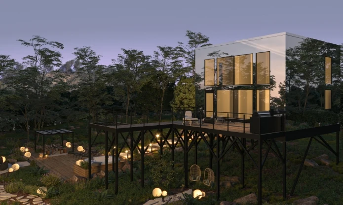 Photorealistic render of a mirrored elevated cabin at dusk in a lodging crowdfunding campaign