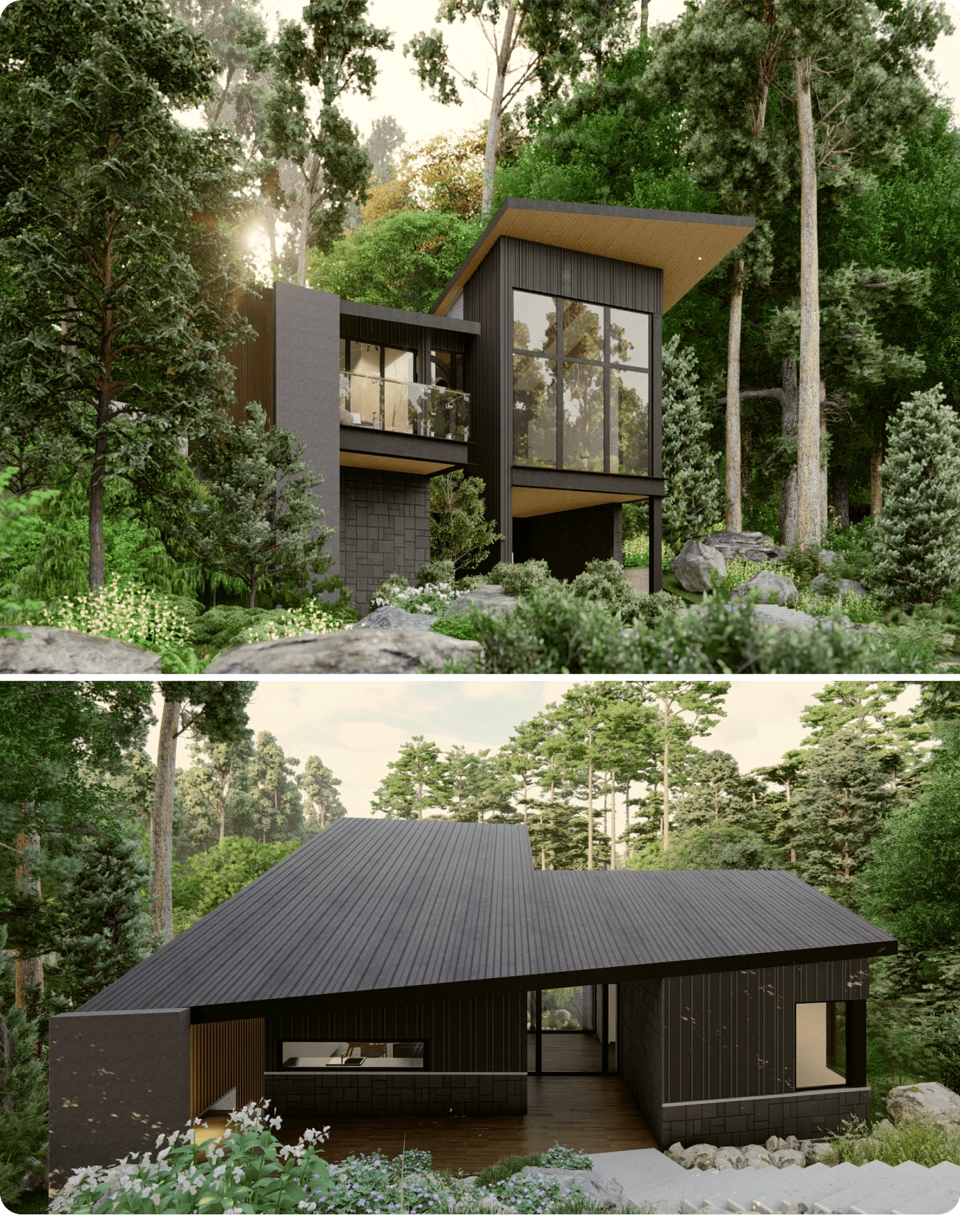 Photorealistic renders of a modern dark-clad boutique lodging cabin in the forest