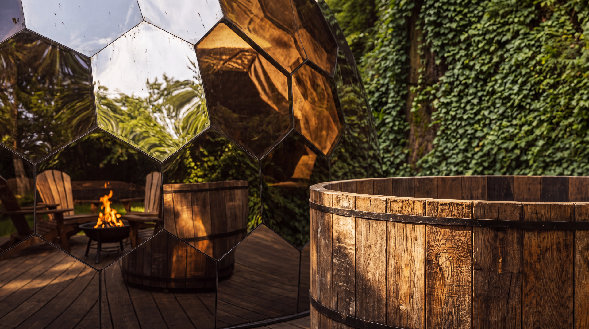Close-up render of a mirrored geodesic glamping dome with wooden hot tub used across a lodging crowdfunding funnel