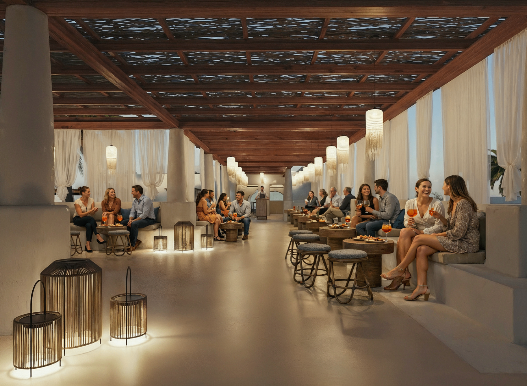 Seaside restaurant terrace render used as a pre-booking incentive for an Indiegogo lodging resort campaign