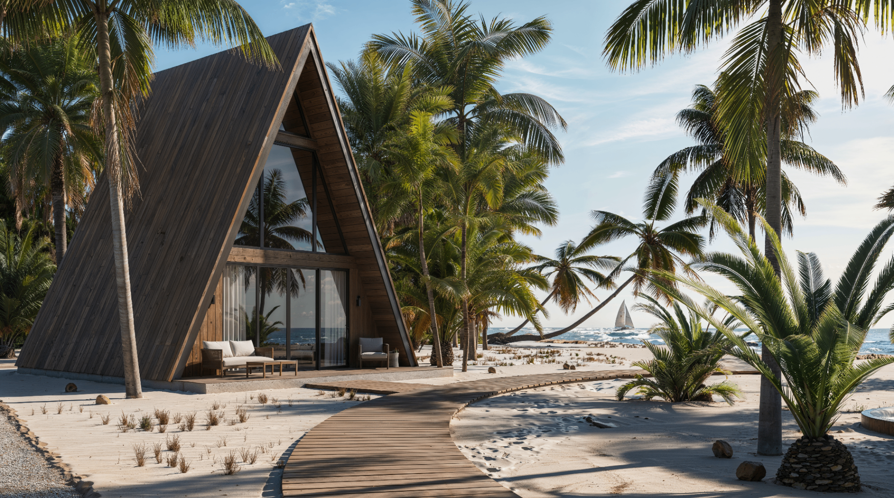 Photorealistic glamping resort design render of a boutique A-frame beach cabin among palm trees, used as a concept visual for a lodging crowdfunding campaign