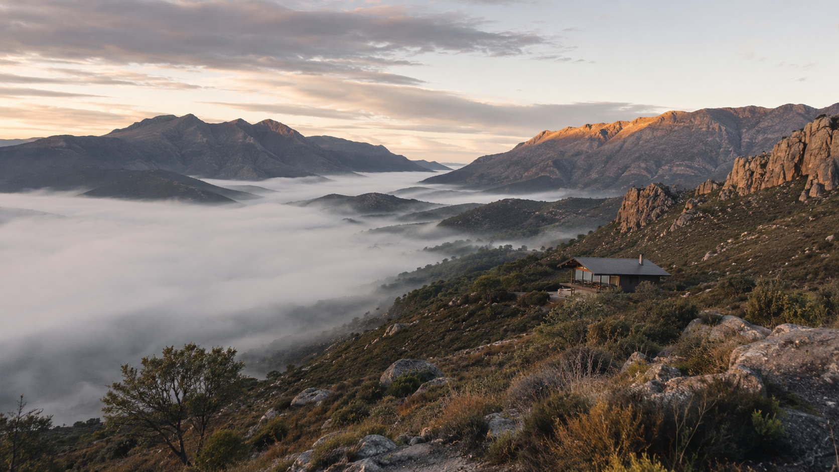 Modern mountain cabin retreat overlooking a fog-filled valley at sunrise - lodging project concept visualization