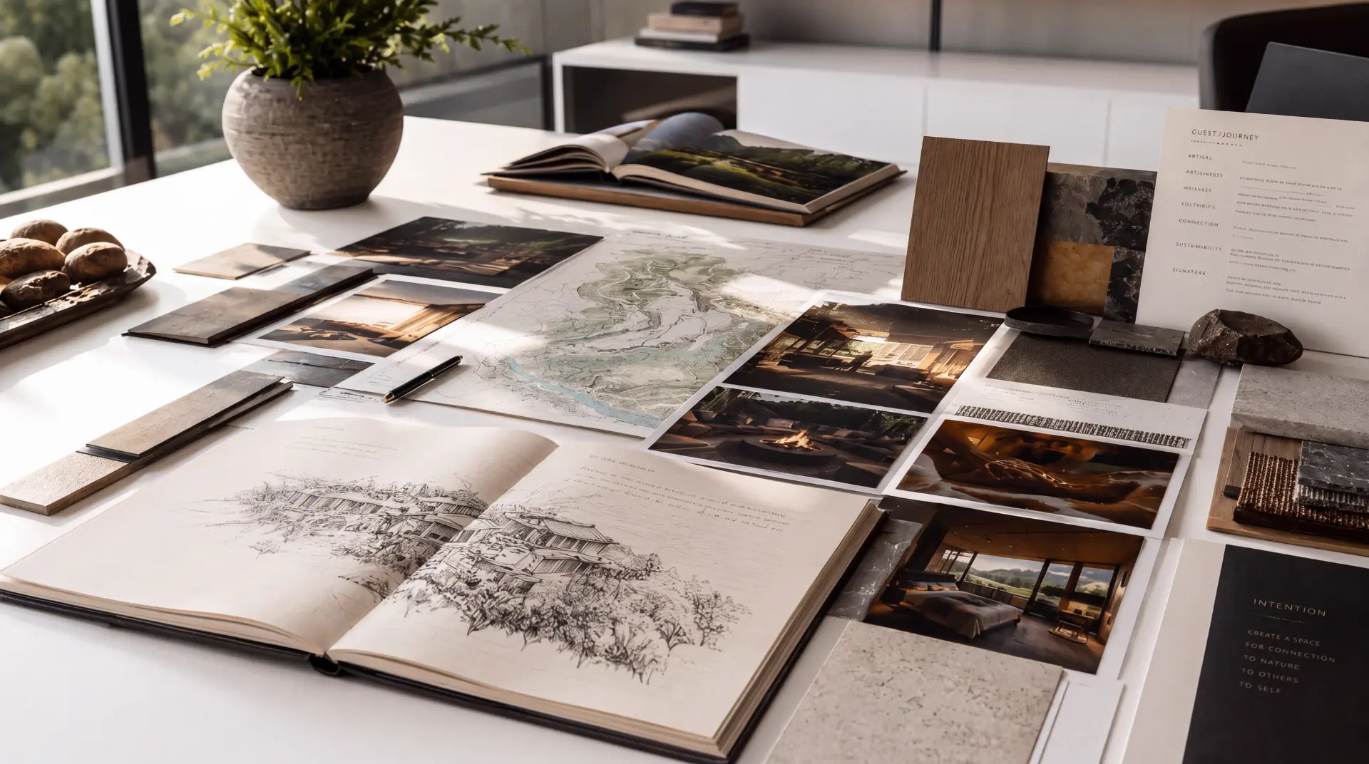 Concept design sketches with hand-drawn lodging cabin masterplan and material samples on a studio table - lodging project concept and guest experience design