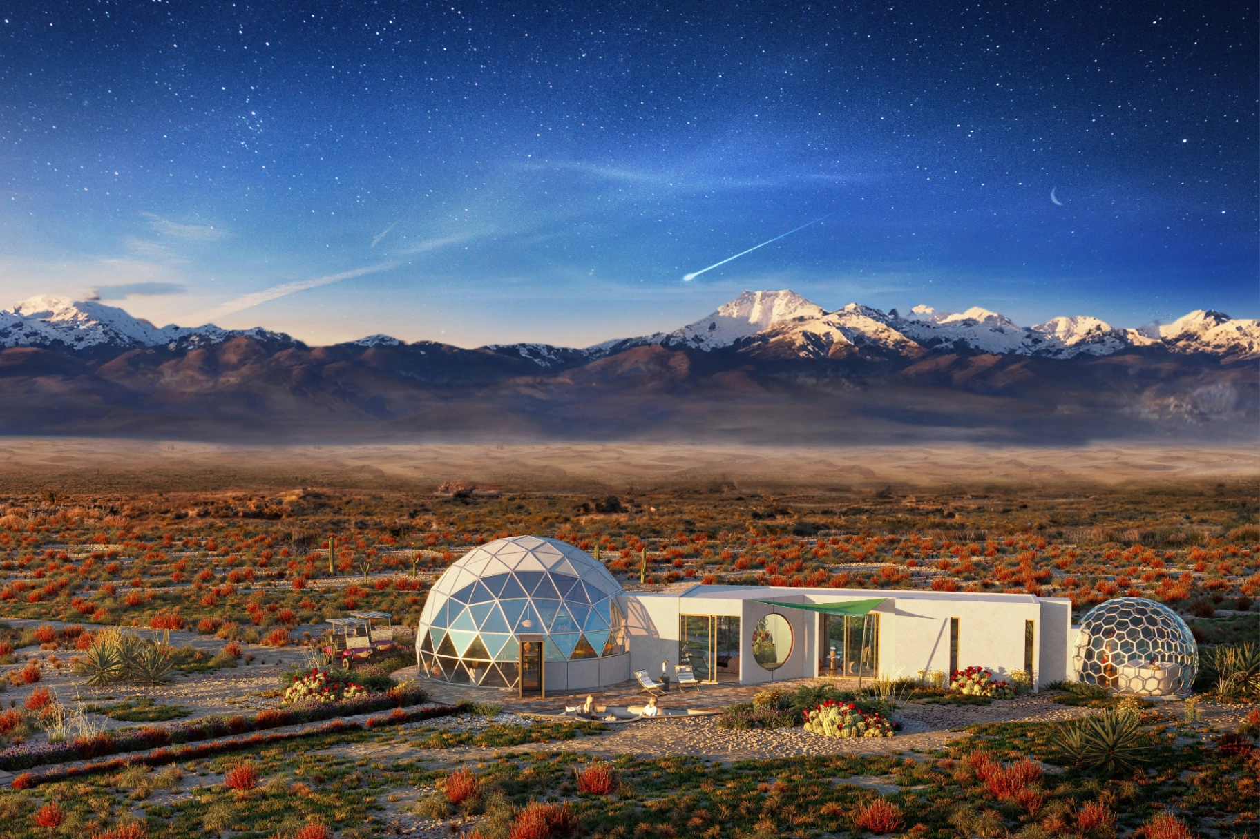 Photorealistic render of the Kosmos Resort stargazing dome under a starry desert sky
