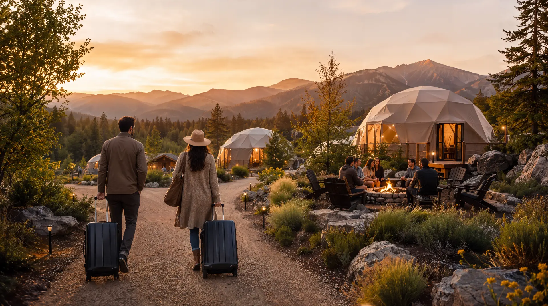 Guests with luggage arriving at a glamping resort with geodesic domes and a fire pit at golden hour - lodging retreat pre-booking experience