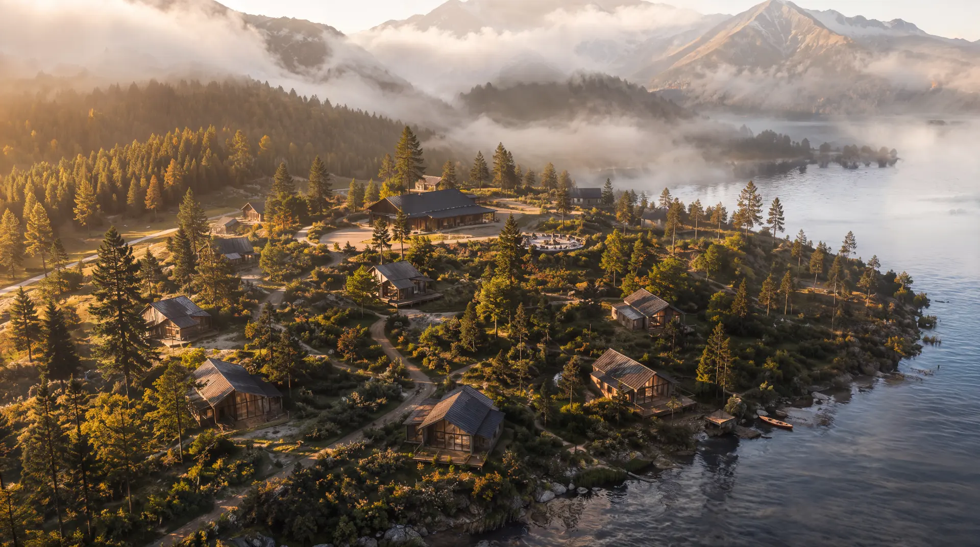 Aerial architectural render of a lodging resort masterplan with timber cabins clustered on a forested lakeside peninsula at golden hour